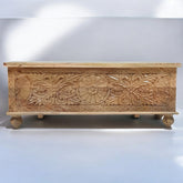 Handmade Indian Furniture Solid Hard Wood Carved Blanket Box Brown
